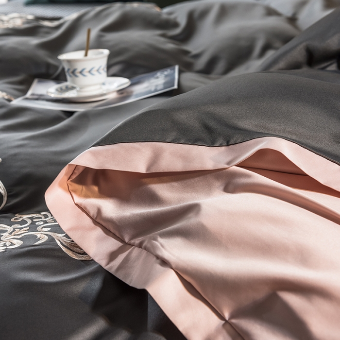 91家纺网 家纺一手货源 找家纺 骏腾 2022新款水洗冰丝刺绣四件套水洗真丝天丝艾莎-魅惑黑