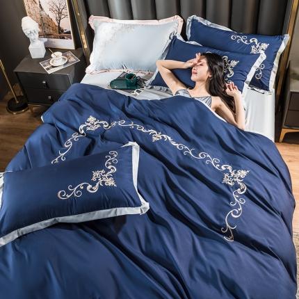 骏腾 2022新款水洗冰丝刺绣四件套水洗真丝天丝艾莎-深海蓝