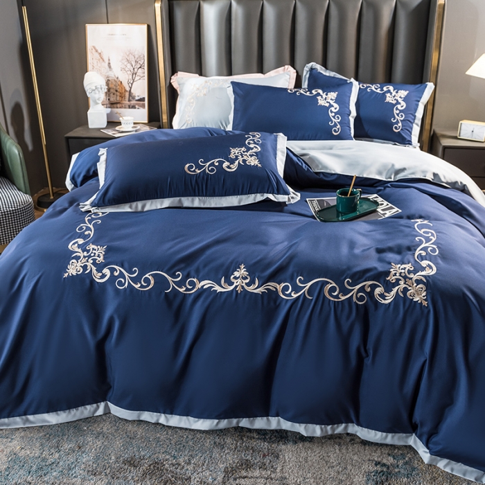 91家纺网 家纺一手货源 找家纺 骏腾 2022新款水洗冰丝刺绣四件套水洗真丝天丝艾莎-深海蓝