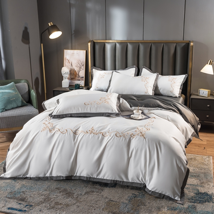 91家纺网 家纺一手货源 找家纺 骏腾 2022新款水洗冰丝刺绣四件套水洗真丝天丝艾莎-珍珠白