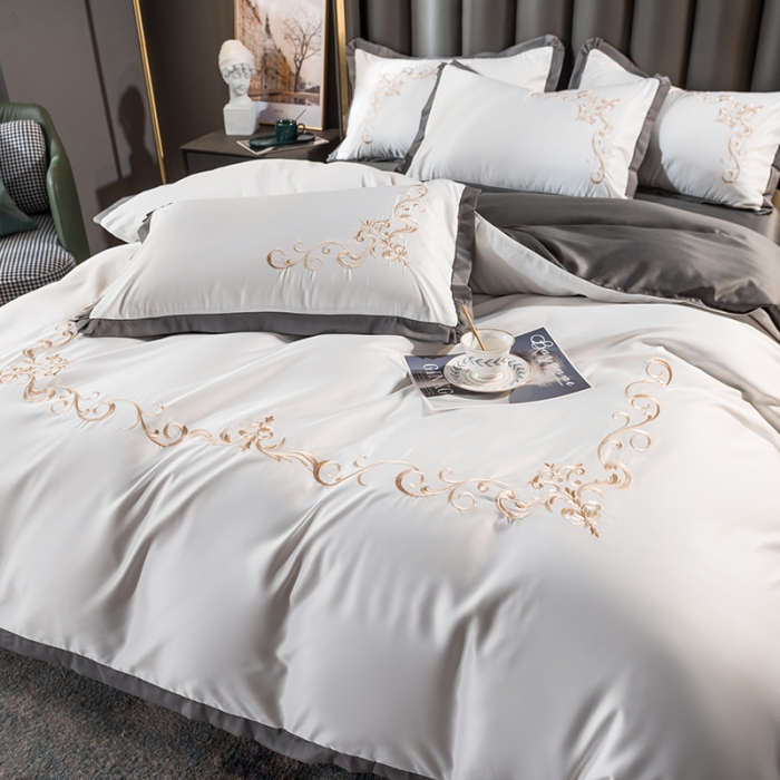 91家纺网 家纺一手货源 找家纺 骏腾 2022新款水洗冰丝刺绣四件套水洗真丝天丝艾莎-珍珠白