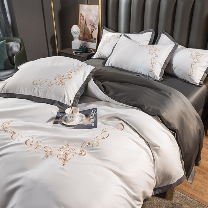 91家纺网 家纺一手货源 找家纺 骏腾 2022新款水洗冰丝刺绣四件套水洗真丝天丝艾莎-珍珠白