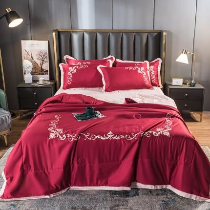 91家纺网 家纺一手货源 找家纺 骏腾 2022新款水洗冰丝夏被四件套水洗真丝天丝 艾莎-酒红