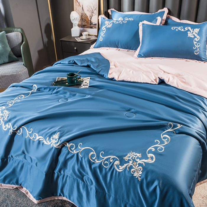 91家纺网 家纺一手货源 找家纺 骏腾 2022新款水洗冰丝夏被四件套水洗真丝天丝艾莎-宾利蓝