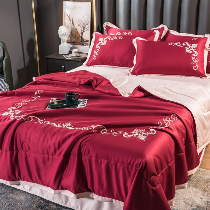91家纺网 家纺一手货源 找家纺 骏腾 2022新款水洗冰丝夏被四件套水洗真丝天丝 艾莎-酒红