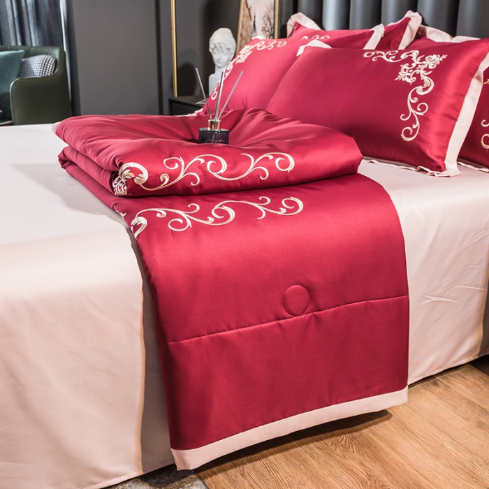 91家纺网 家纺一手货源 找家纺 骏腾 2022新款水洗冰丝夏被四件套水洗真丝天丝 艾莎-酒红