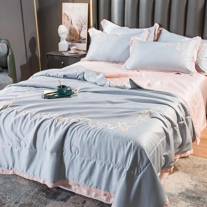 91家纺网 家纺一手货源 找家纺 骏腾 2022新款水洗冰丝夏被四件套水洗真丝天丝 艾莎-蓝灰