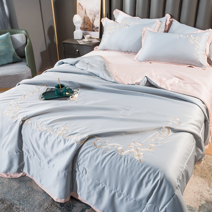 91家纺网 家纺一手货源 找家纺 骏腾 2022新款水洗冰丝夏被四件套水洗真丝天丝 艾莎-蓝灰