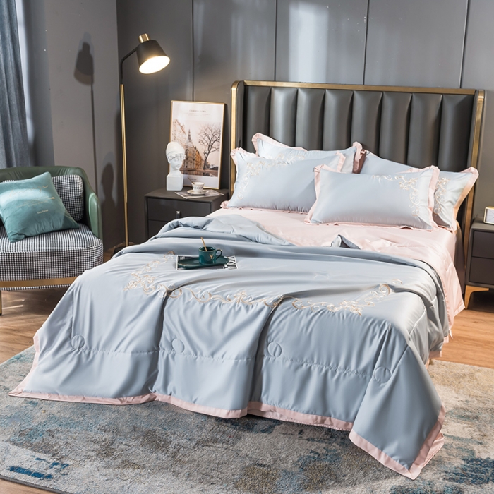 91家纺网 家纺一手货源 找家纺 骏腾 2022新款水洗冰丝夏被四件套水洗真丝天丝 艾莎-蓝灰