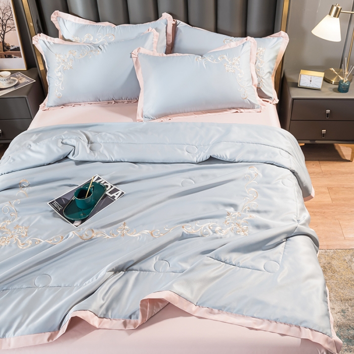 91家纺网 家纺一手货源 找家纺 骏腾 2022新款水洗冰丝夏被四件套水洗真丝天丝 艾莎-蓝灰