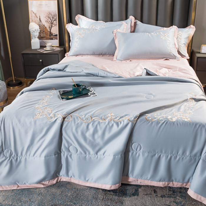 91家纺网 家纺一手货源 找家纺 骏腾 2022新款水洗冰丝夏被四件套水洗真丝天丝 艾莎-蓝灰