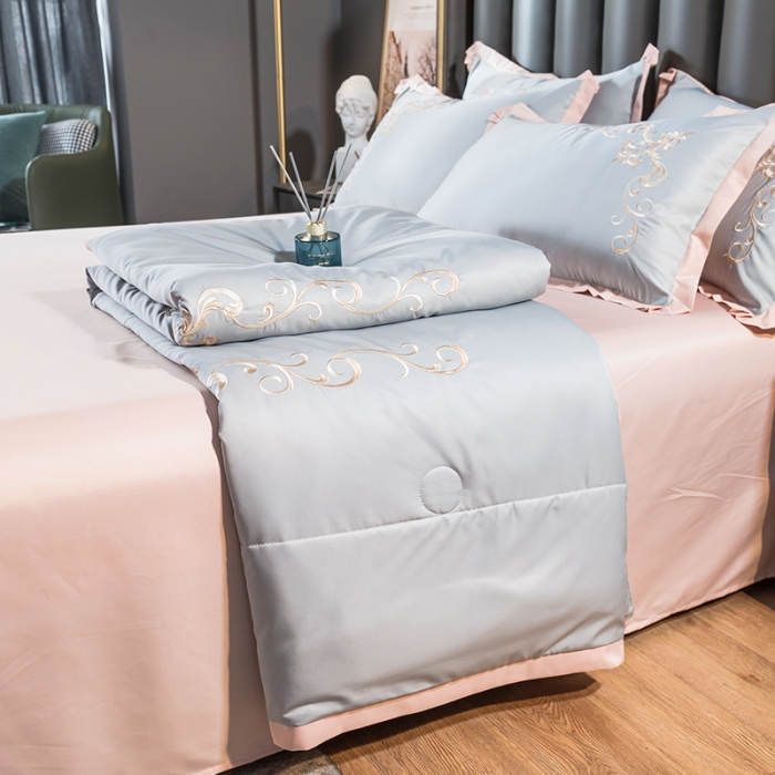 91家纺网 家纺一手货源 找家纺 骏腾 2022新款水洗冰丝夏被四件套水洗真丝天丝 艾莎-蓝灰