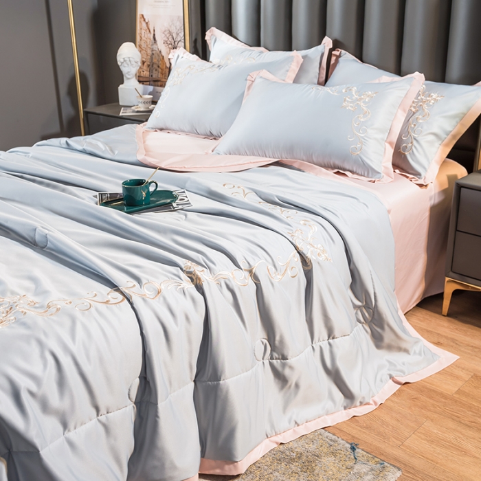 91家纺网 家纺一手货源 找家纺 骏腾 2022新款水洗冰丝夏被四件套水洗真丝天丝 艾莎-蓝灰