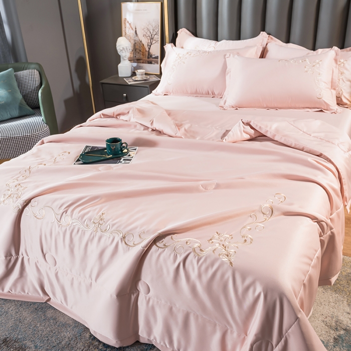 91家纺网 家纺一手货源 找家纺 骏腾 2022新款水洗冰丝夏被四件套水洗真丝天丝艾莎-玫瑰粉