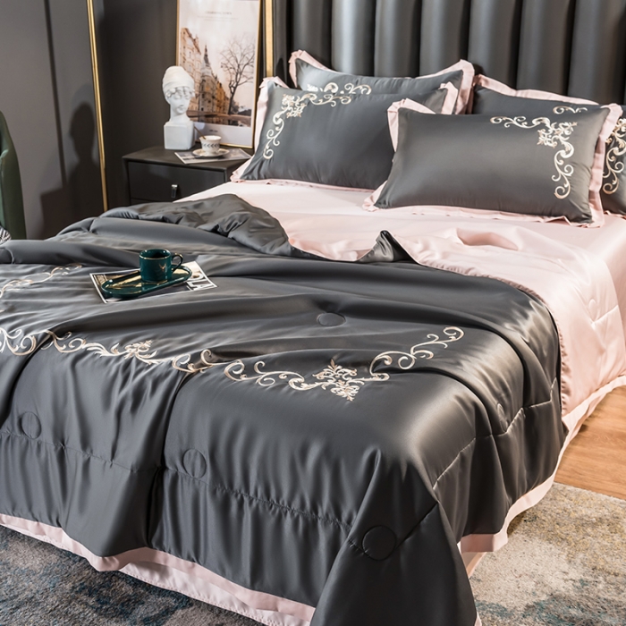 91家纺网 家纺一手货源 找家纺 骏腾 2022新款水洗冰丝夏被四件套水洗真丝天丝艾莎-魅惑黑