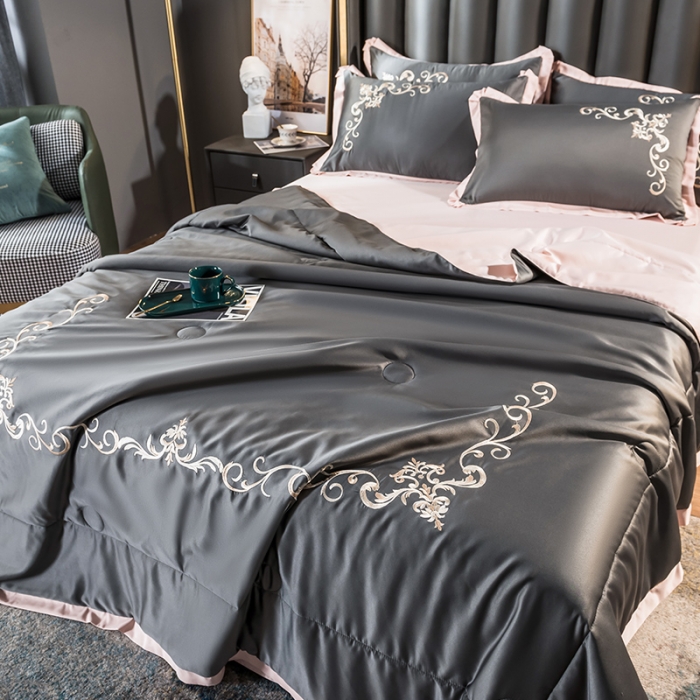 91家纺网 家纺一手货源 找家纺 骏腾 2022新款水洗冰丝夏被四件套水洗真丝天丝艾莎-魅惑黑