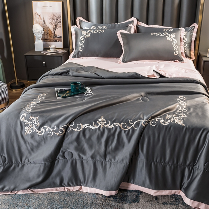 91家纺网 家纺一手货源 找家纺 骏腾 2022新款水洗冰丝夏被四件套水洗真丝天丝艾莎-魅惑黑