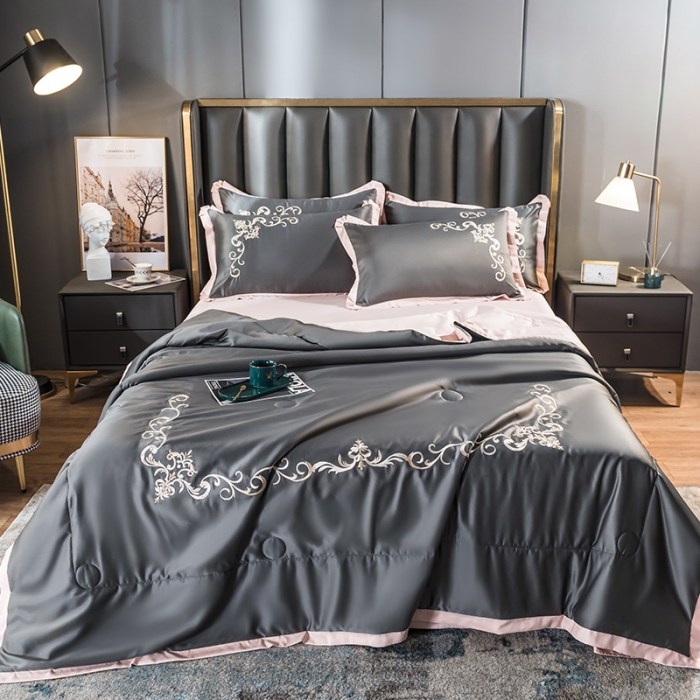 91家纺网 家纺一手货源 找家纺 骏腾 2022新款水洗冰丝夏被四件套水洗真丝天丝艾莎-魅惑黑