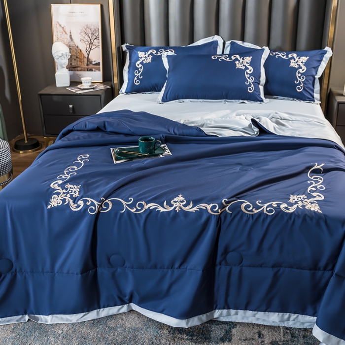 91家纺网 家纺一手货源 找家纺 骏腾 2022新款水洗冰丝夏被四件套水洗真丝天丝艾莎-深海蓝