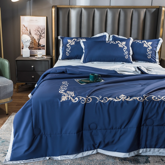 91家纺网 家纺一手货源 找家纺 骏腾 2022新款水洗冰丝夏被四件套水洗真丝天丝艾莎-深海蓝