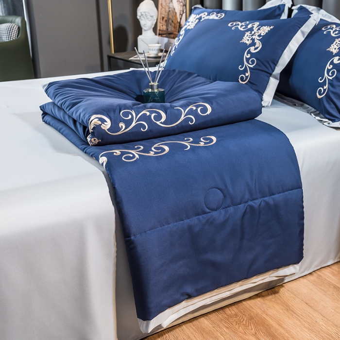 91家纺网 家纺一手货源 找家纺 骏腾 2022新款水洗冰丝夏被四件套水洗真丝天丝艾莎-深海蓝