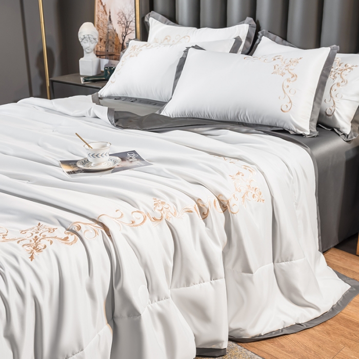 91家纺网 家纺一手货源 找家纺 骏腾 2022新款水洗冰丝夏被四件套水洗真丝天丝艾莎-珍珠白