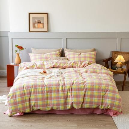 91家纺网 家纺一手货源 找家纺 艾咪 新款日系少女风全棉色织水洗棉四件套 佛暖-粉黄