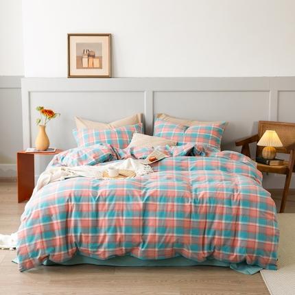 91家纺网 家纺一手货源 找家纺 艾咪 新款日系少女风全棉色织水洗棉四件套 佛暖-粉蓝