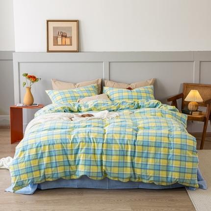 91家纺网 家纺一手货源 找家纺 新款日系少女风全棉色织水洗棉四件套 佛暖-湖蓝