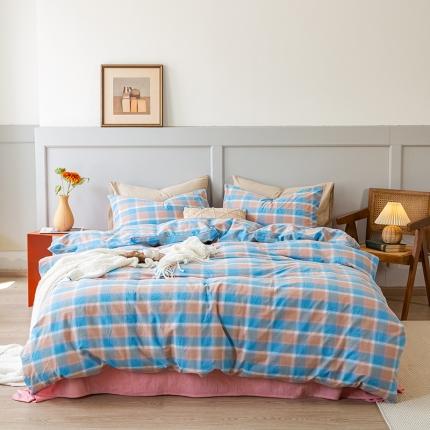 91家纺网 家纺一手货源 找家纺 新款日系少女风全棉色织水洗棉四件套 佛暖-中蓝