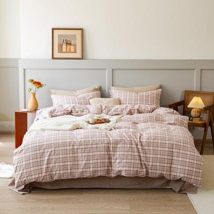 91家纺网 家纺一手货源 找家纺 艾咪 新款日系少女风全棉色织水洗棉四件套 森屿-咖