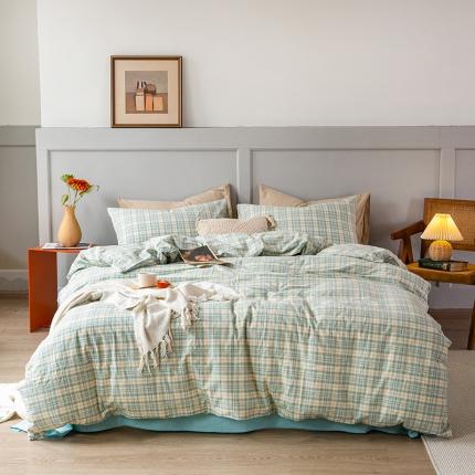 91家纺网 家纺一手货源 找家纺 艾咪 新款日系少女风全棉色织水洗棉四件套 森屿-绿