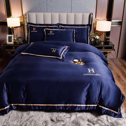 91家纺网 家纺一手货源 找家纺 首尔家纺 2024新款水洗真丝高奢四件套 H-深蓝