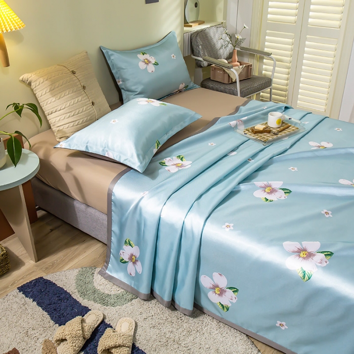 91家纺网 家纺一手货源 找家纺 琪格格 2022新款大版印花凉感冰丝席三件套 棉朵