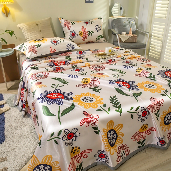 91家纺网 家纺一手货源 找家纺 琪格格 2022新款大版印花凉感冰丝席三件套 幸福花