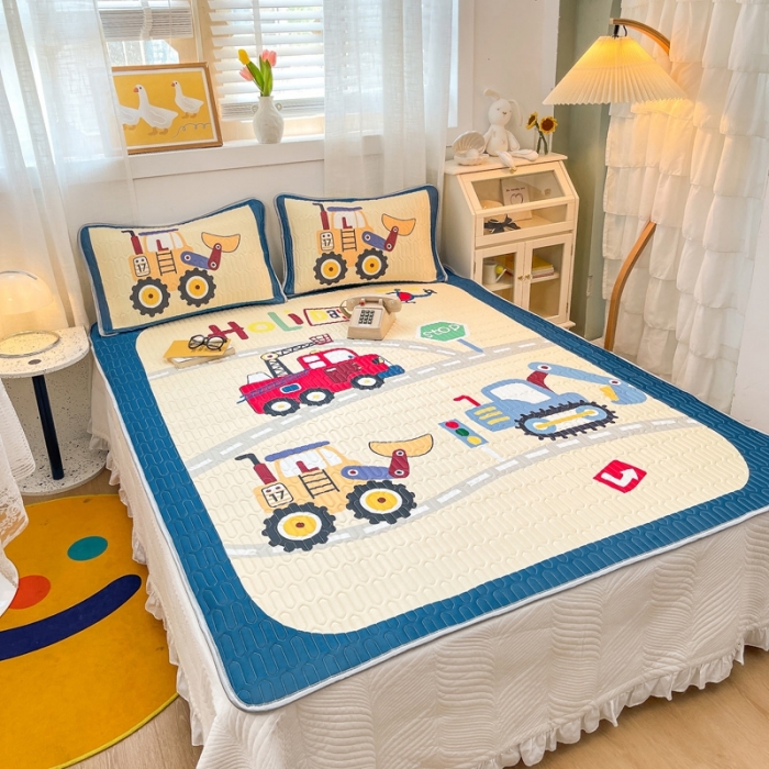 91家纺网 家纺一手货源 找家纺 金爱家 2021新款卡通乳胶凉席三件套 工程车