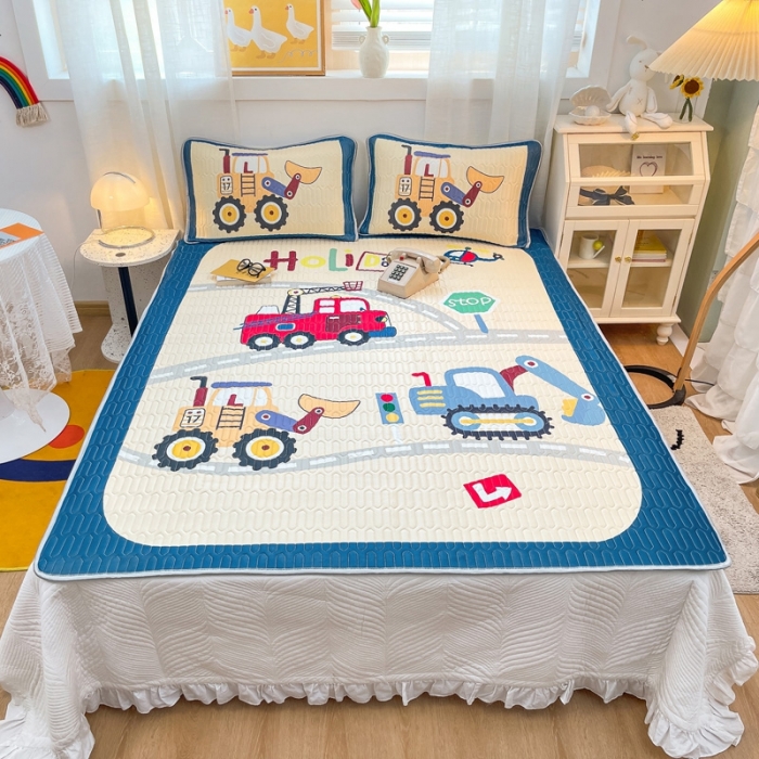 91家纺网 家纺一手货源 找家纺 金爱家 2021新款卡通乳胶凉席三件套 工程车