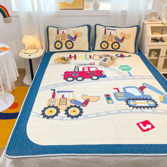 91家纺网 家纺一手货源 找家纺 金爱家 2021新款卡通乳胶凉席三件套 工程车