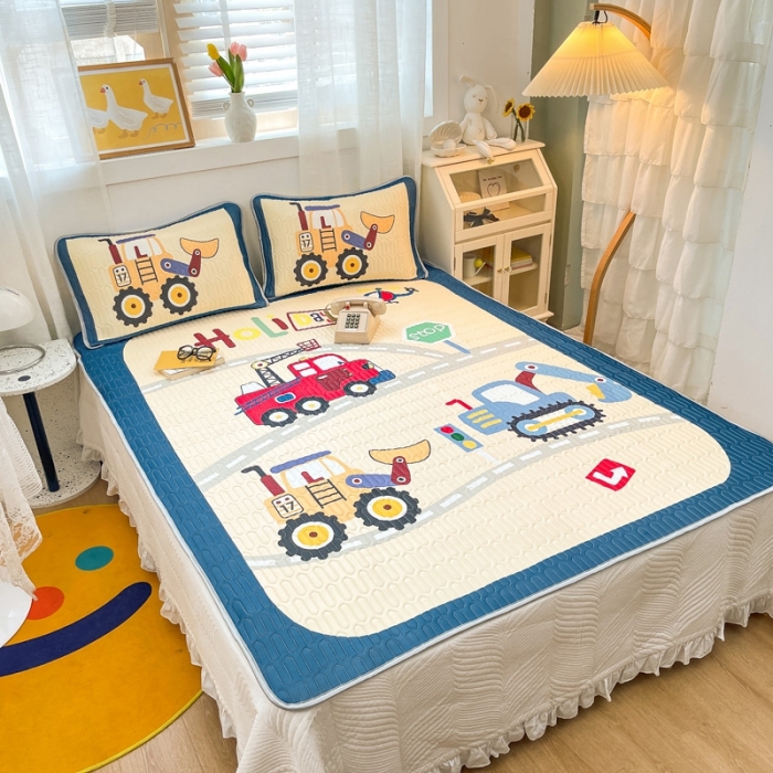 91家纺网 家纺一手货源 找家纺 金爱家 2021新款卡通乳胶凉席三件套 工程车