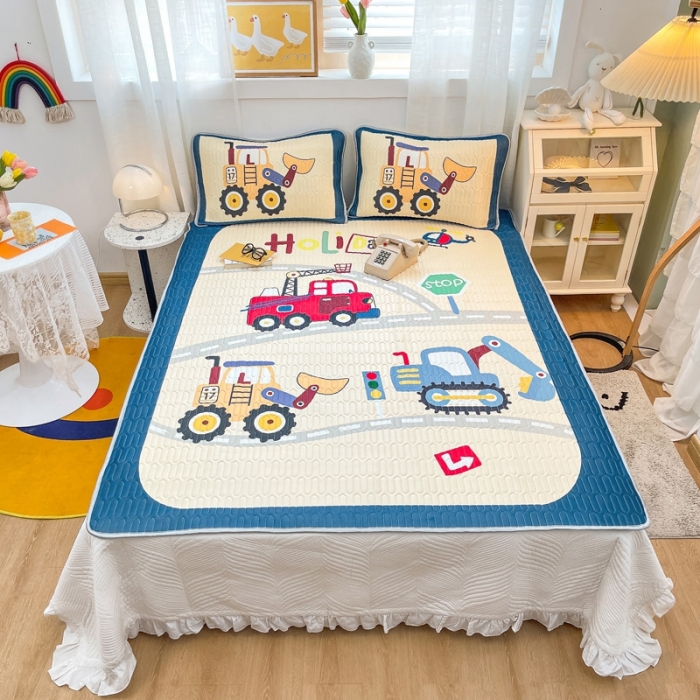 91家纺网 家纺一手货源 找家纺 金爱家 2021新款卡通乳胶凉席三件套 工程车