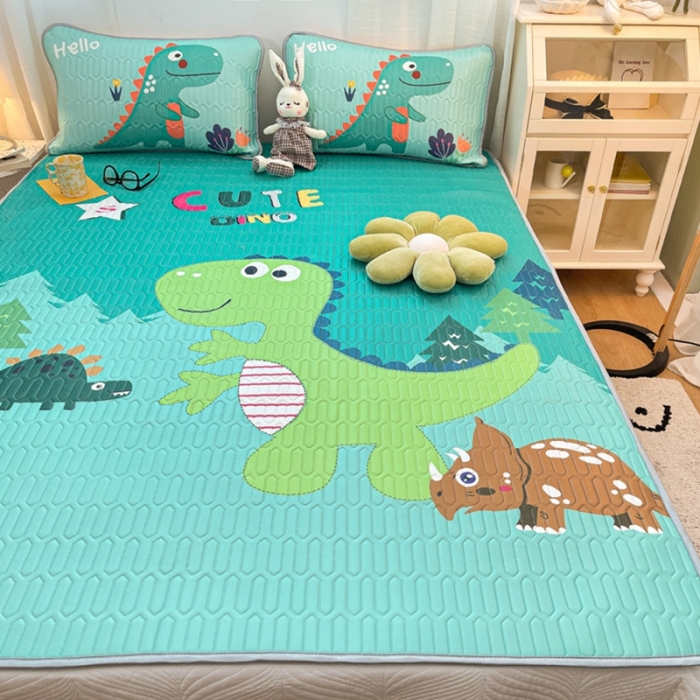 91家纺网 家纺一手货源 找家纺 金爱家 2021新款卡通乳胶凉席三件套 恐龙绿