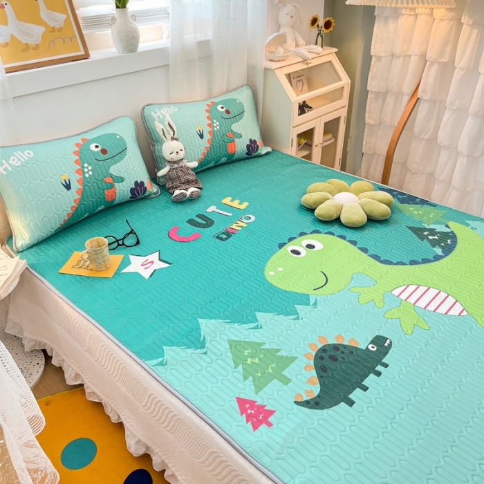 91家纺网 家纺一手货源 找家纺 金爱家 2021新款卡通乳胶凉席三件套 恐龙绿