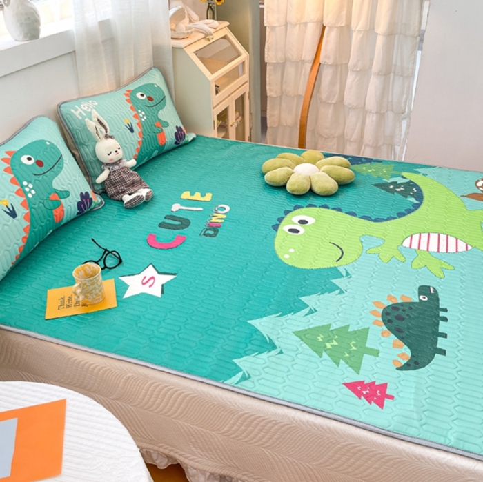 91家纺网 家纺一手货源 找家纺 金爱家 2021新款卡通乳胶凉席三件套 恐龙绿