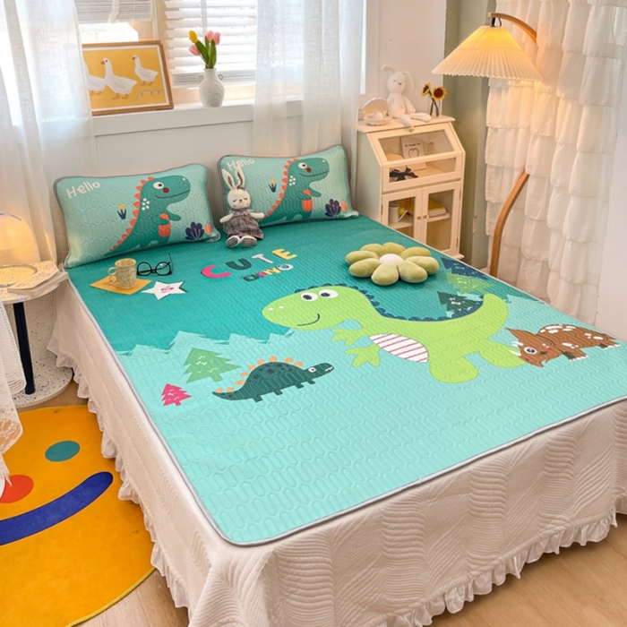 91家纺网 家纺一手货源 找家纺 金爱家 2021新款卡通乳胶凉席三件套 恐龙绿