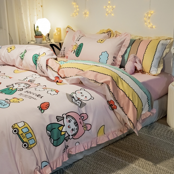 91家纺网 家纺一手货源 找家纺 琪格格 2022新款工艺款裙边全棉印花四件套 仙本娜粉