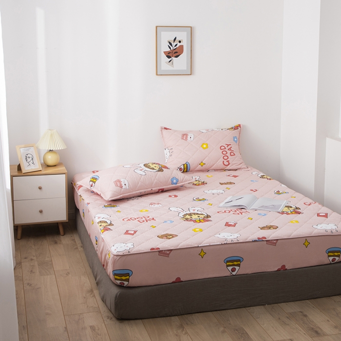 91家纺网 家纺一手货源 找家纺 小米笠 2021新款亲肤磨毛夹棉床笠 粉兔女孩