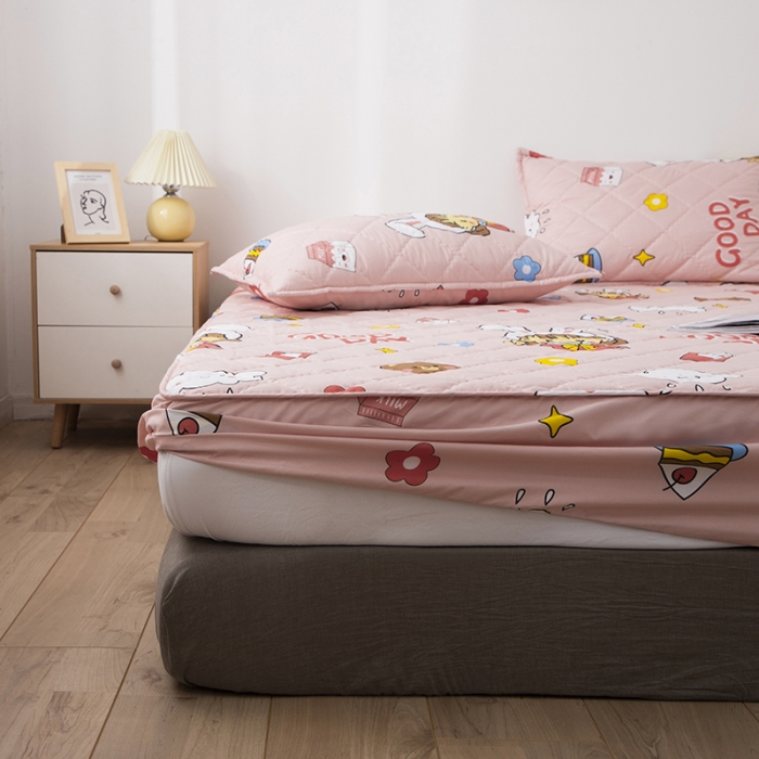 91家纺网 家纺一手货源 找家纺 小米笠 2021新款亲肤磨毛夹棉床笠 粉兔女孩