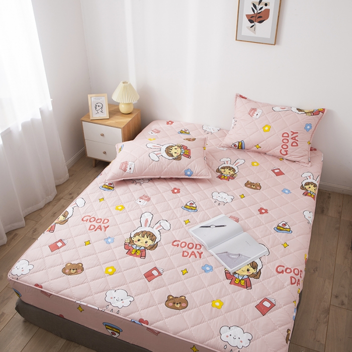 91家纺网 家纺一手货源 找家纺 小米笠 2021新款亲肤磨毛夹棉床笠 粉兔女孩