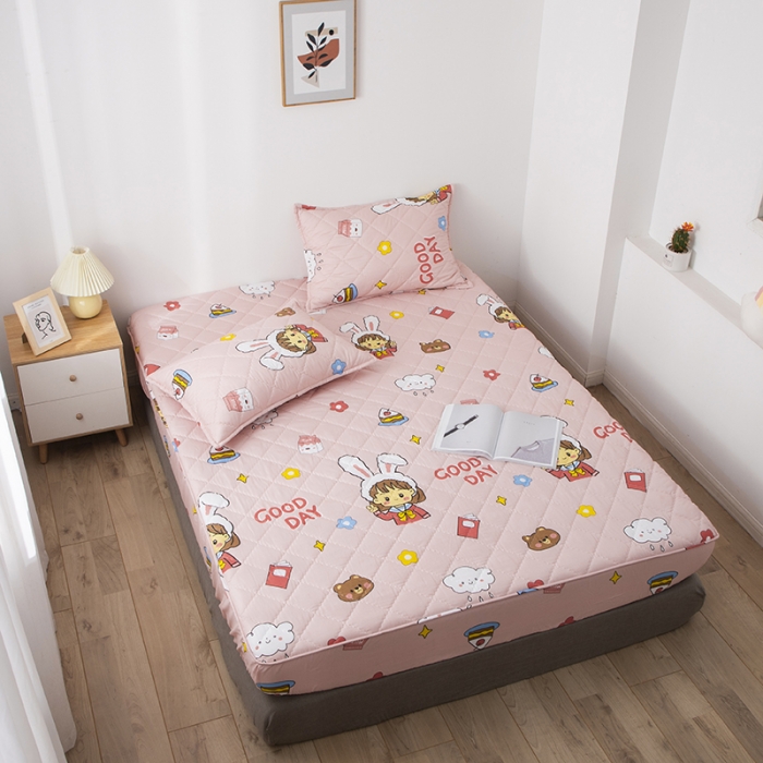 91家纺网 家纺一手货源 找家纺 小米笠 2021新款亲肤磨毛夹棉床笠 粉兔女孩