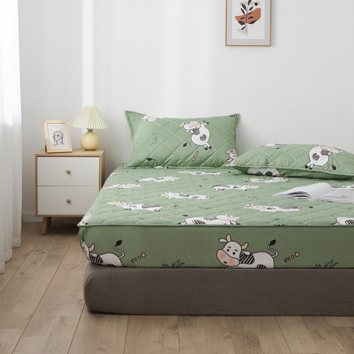 91家纺网 家纺一手货源 找家纺 小米笠 2021新款亲肤磨毛夹棉床笠 青青奶牛